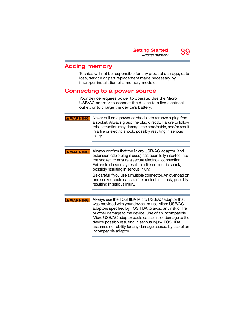 Adding memory, Connecting to a power source, Adding memory connecting to a power source | Connecting to a | Toshiba DynaPad WT12PE-A64 User Manual | Page 39 / 177