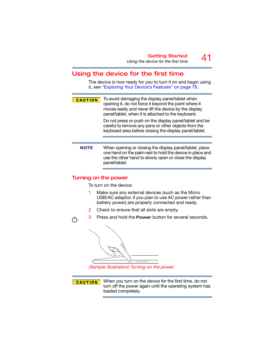 Using the device for the first time, Turning on the power | Toshiba DynaPad WT12PE-A64 User Manual | Page 41 / 177