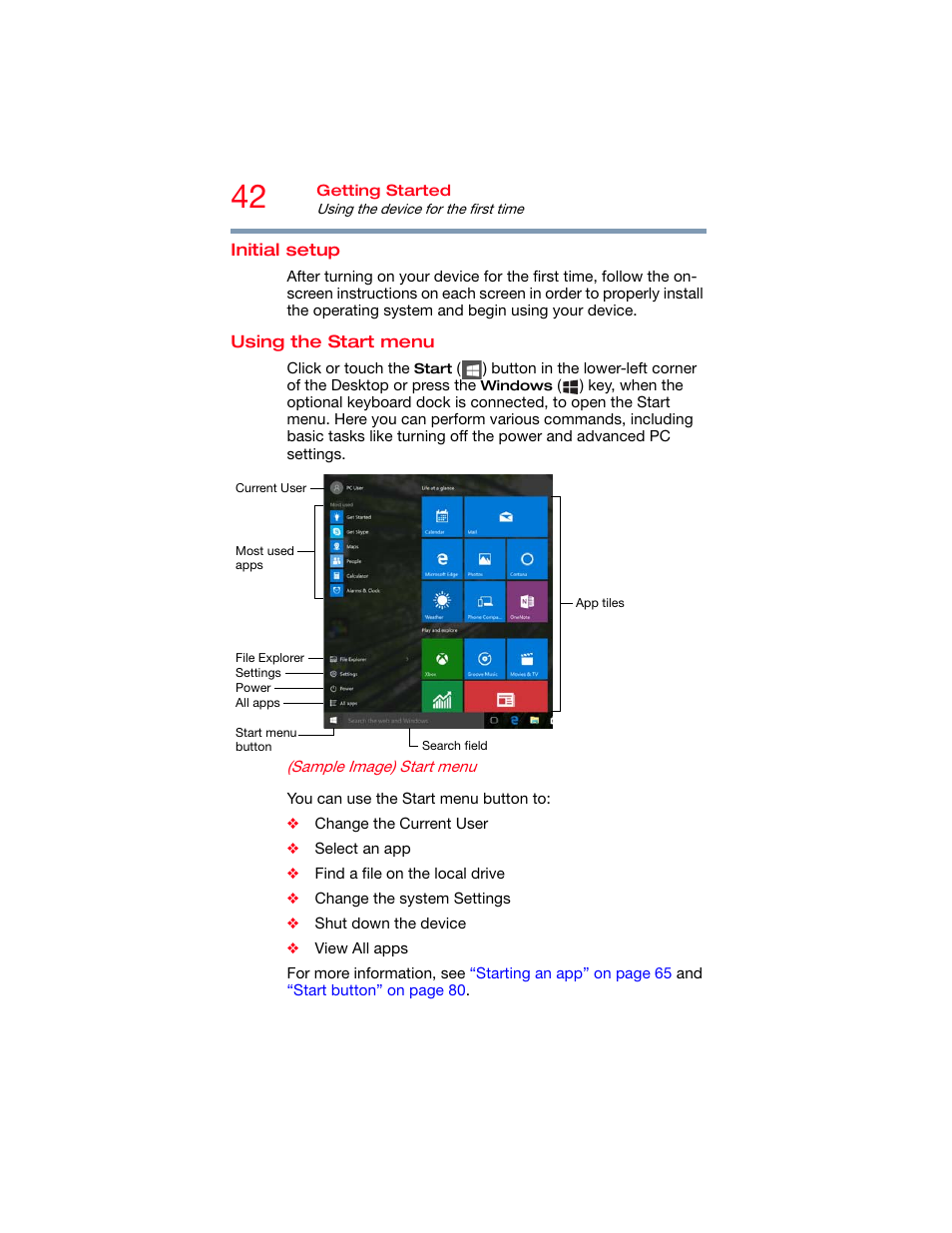 Initial setup, Using the start menu, Initial setup using the start menu | Toshiba DynaPad WT12PE-A64 User Manual | Page 42 / 177