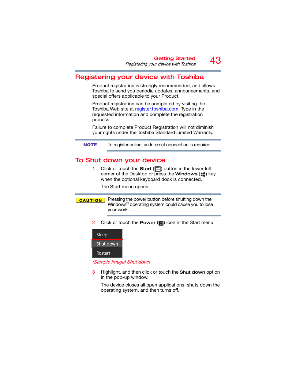 Registering your device with toshiba, To shut down your device, Information, see | To shut down your device” on | Toshiba DynaPad WT12PE-A64 User Manual | Page 43 / 177