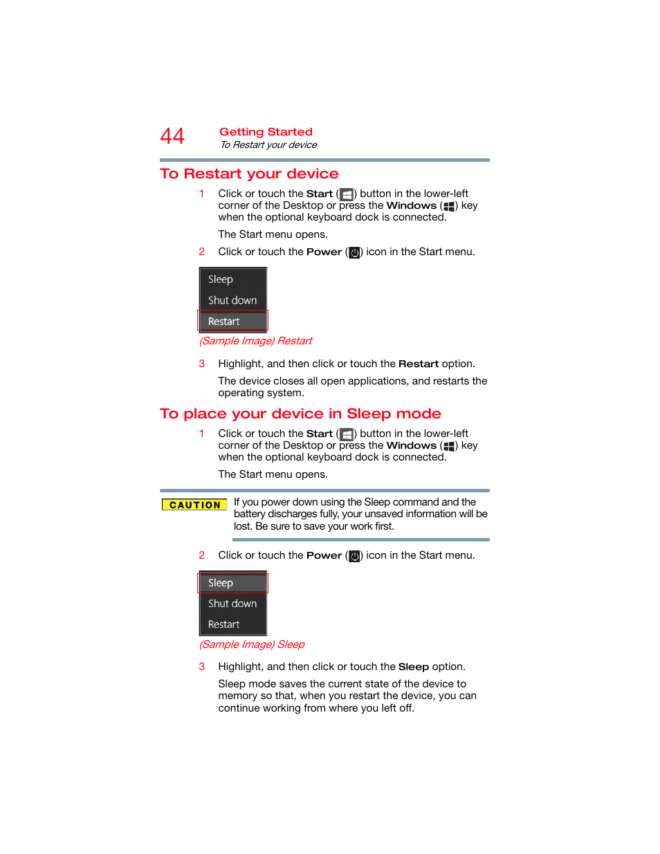 To restart your device, To place your device in sleep mode | Toshiba DynaPad WT12PE-A64 User Manual | Page 44 / 177