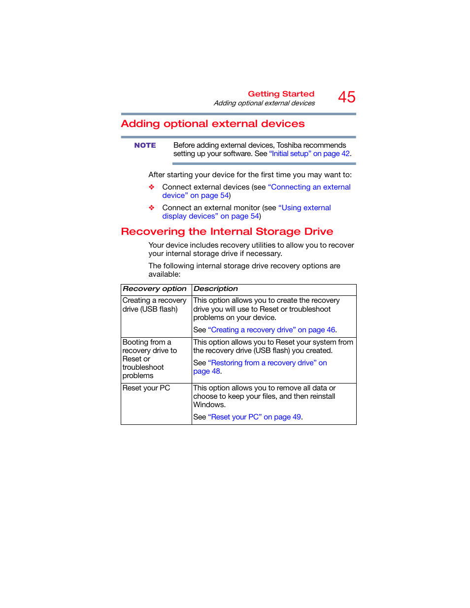 Adding optional external devices, Recovering the internal storage drive | Toshiba DynaPad WT12PE-A64 User Manual | Page 45 / 177