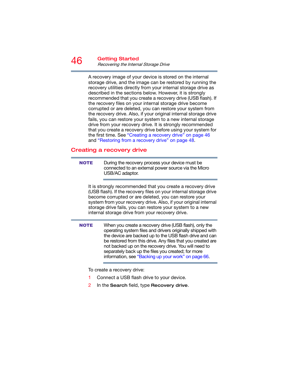 Creating a recovery drive | Toshiba DynaPad WT12PE-A64 User Manual | Page 46 / 177