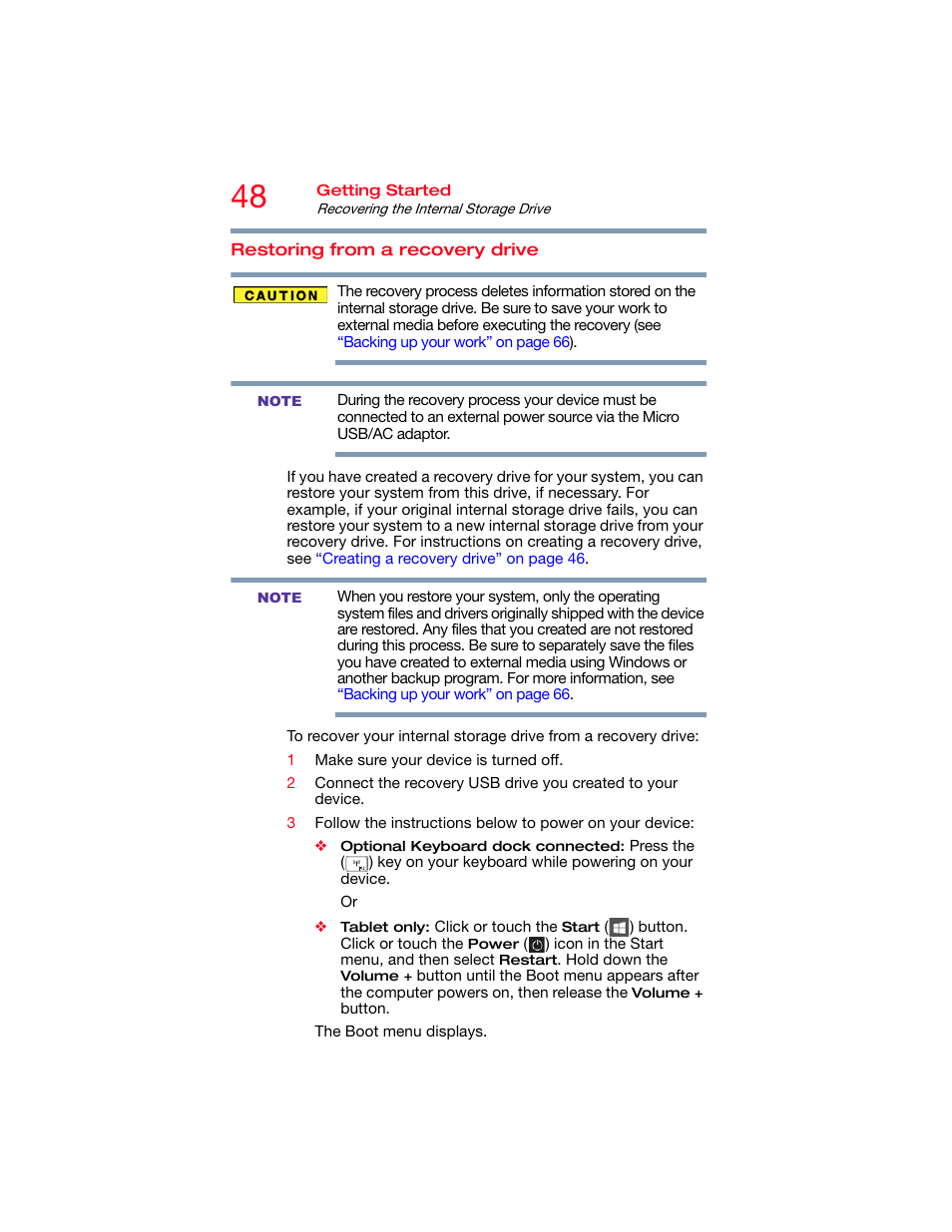 Restoring from a recovery drive, Restoring from a recovery drive” on | Toshiba DynaPad WT12PE-A64 User Manual | Page 48 / 177