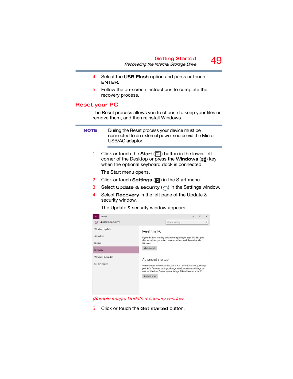 Reset your pc | Toshiba DynaPad WT12PE-A64 User Manual | Page 49 / 177