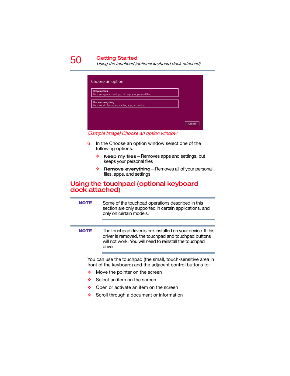 Using the touchpad (optional keyboard, Dock attached), Using the touchpad | Toshiba DynaPad WT12PE-A64 User Manual | Page 50 / 177