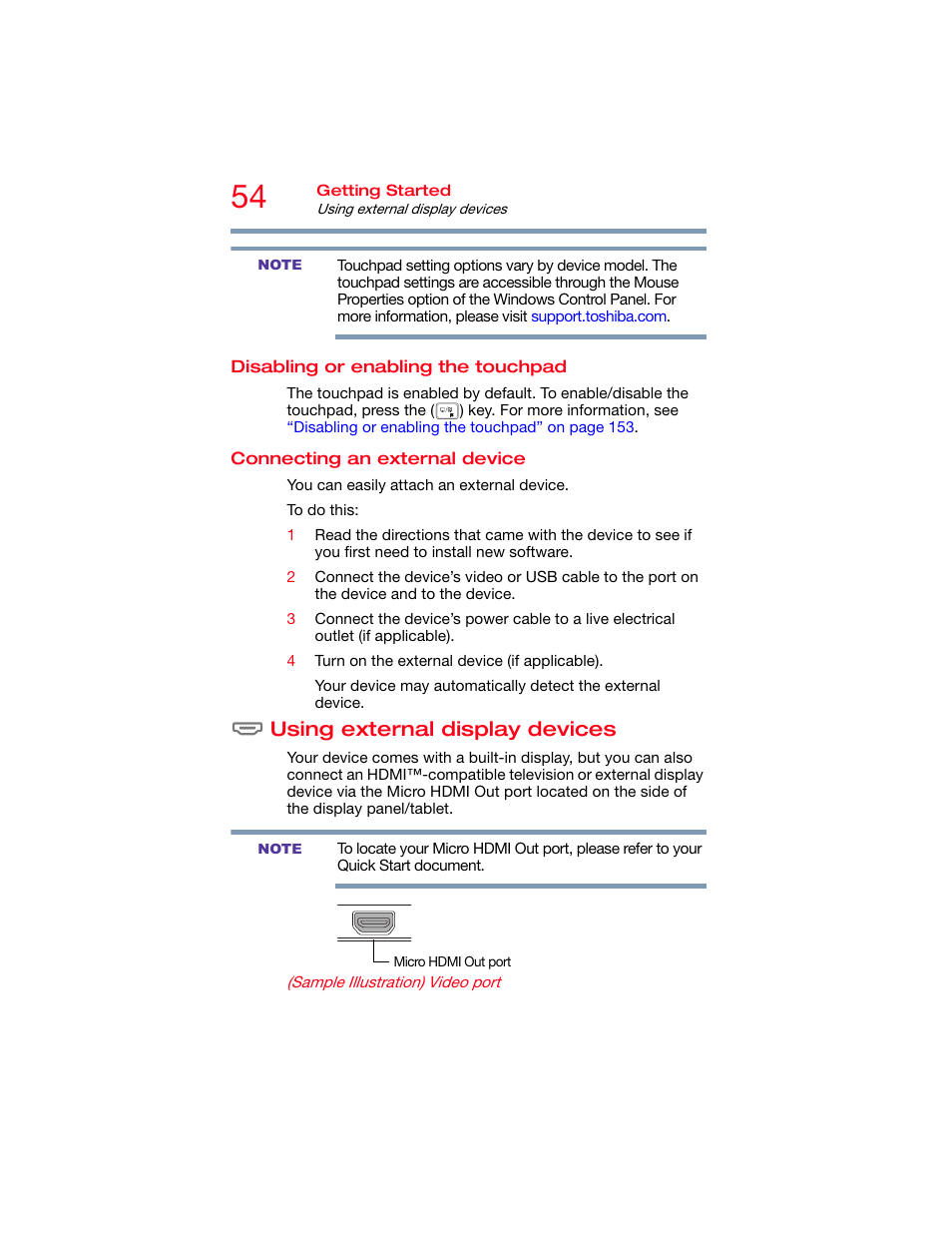 Disabling or enabling the touchpad, Connecting an external device, Using external display devices | Connecting an external, Using external | Toshiba DynaPad WT12PE-A64 User Manual | Page 54 / 177