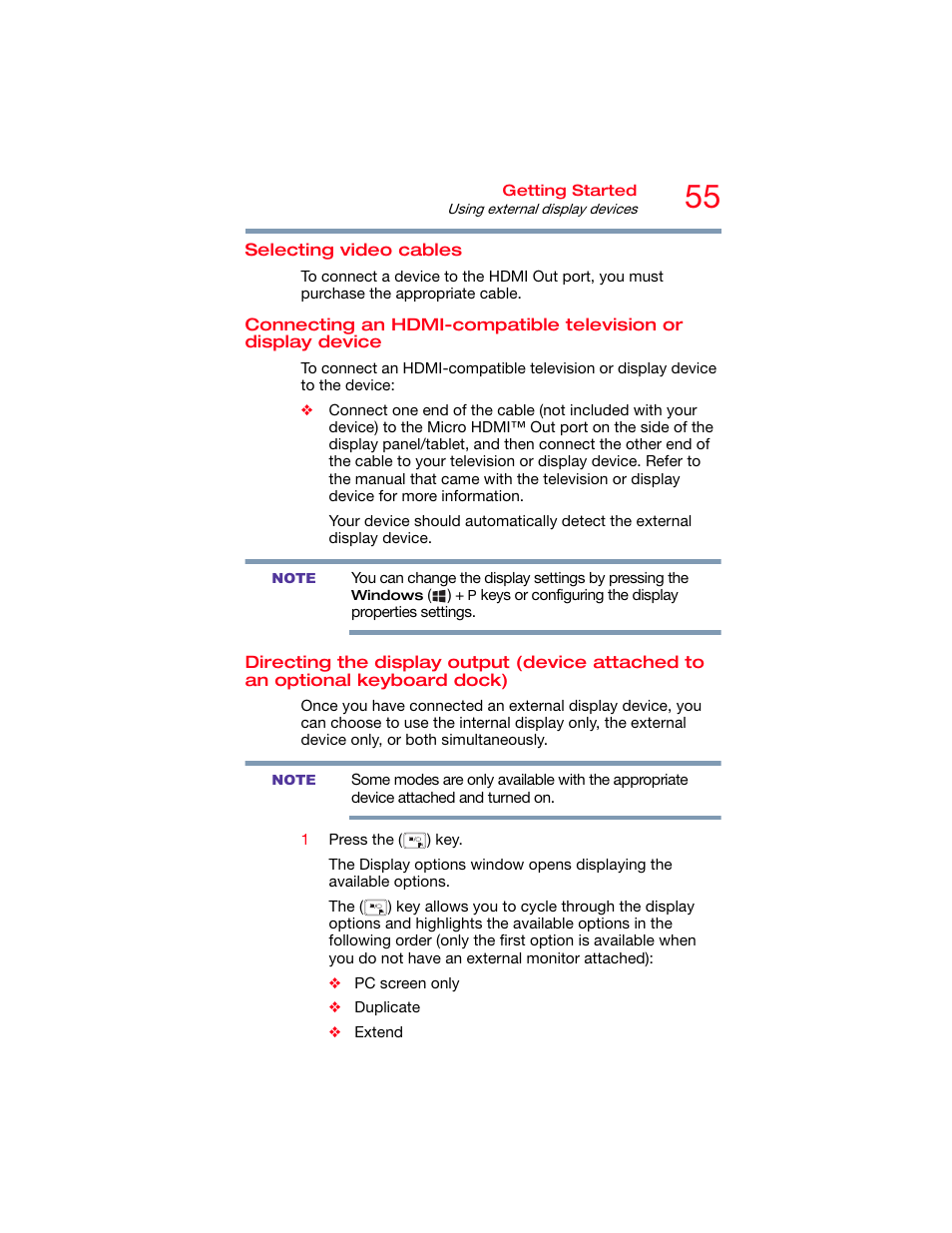 Selecting video cables, Television or display device, Directing the display output (device | Attached to an optional keyboard dock) | Toshiba DynaPad WT12PE-A64 User Manual | Page 55 / 177