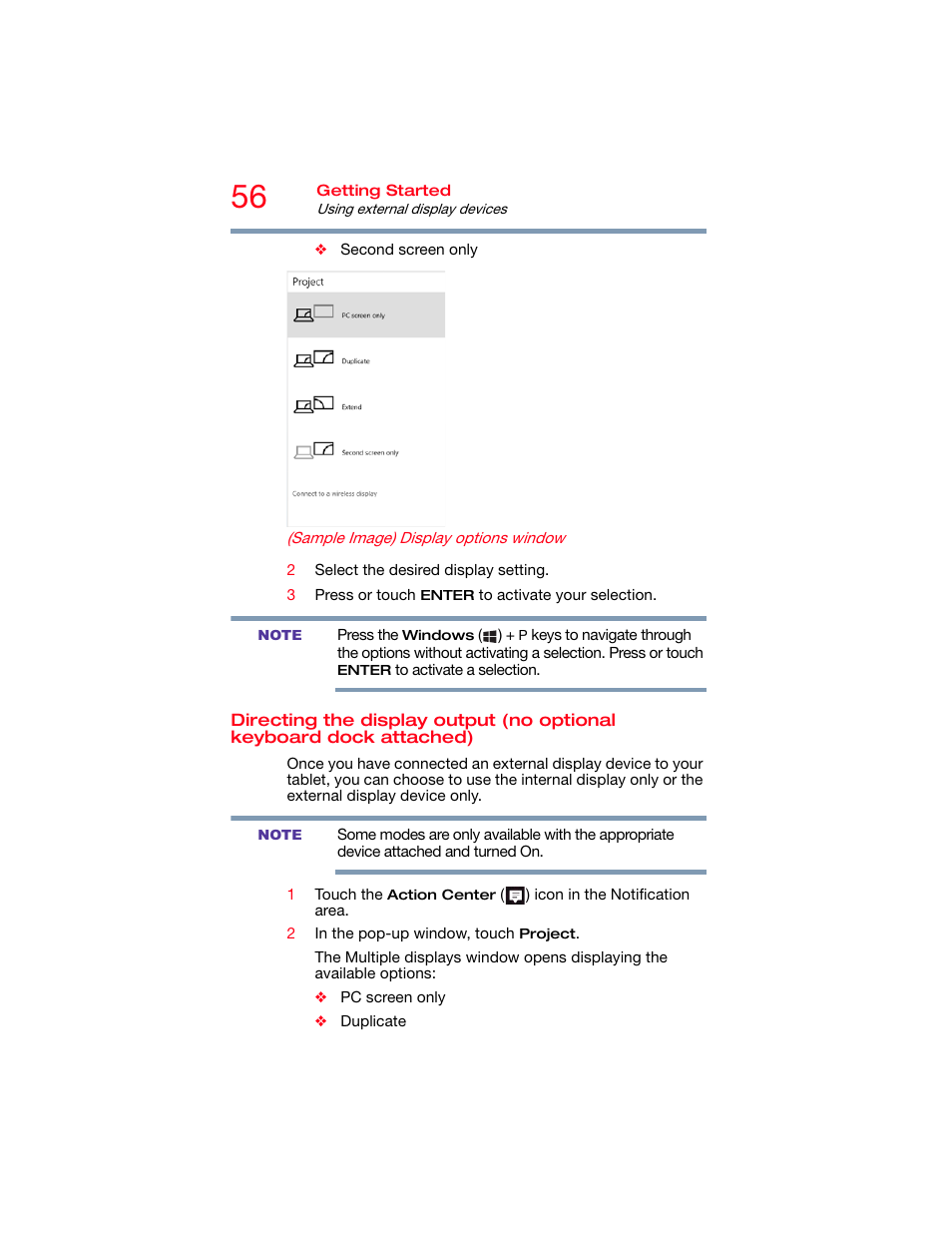 Directing the display output (no optional, Keyboard dock attached) | Toshiba DynaPad WT12PE-A64 User Manual | Page 56 / 177