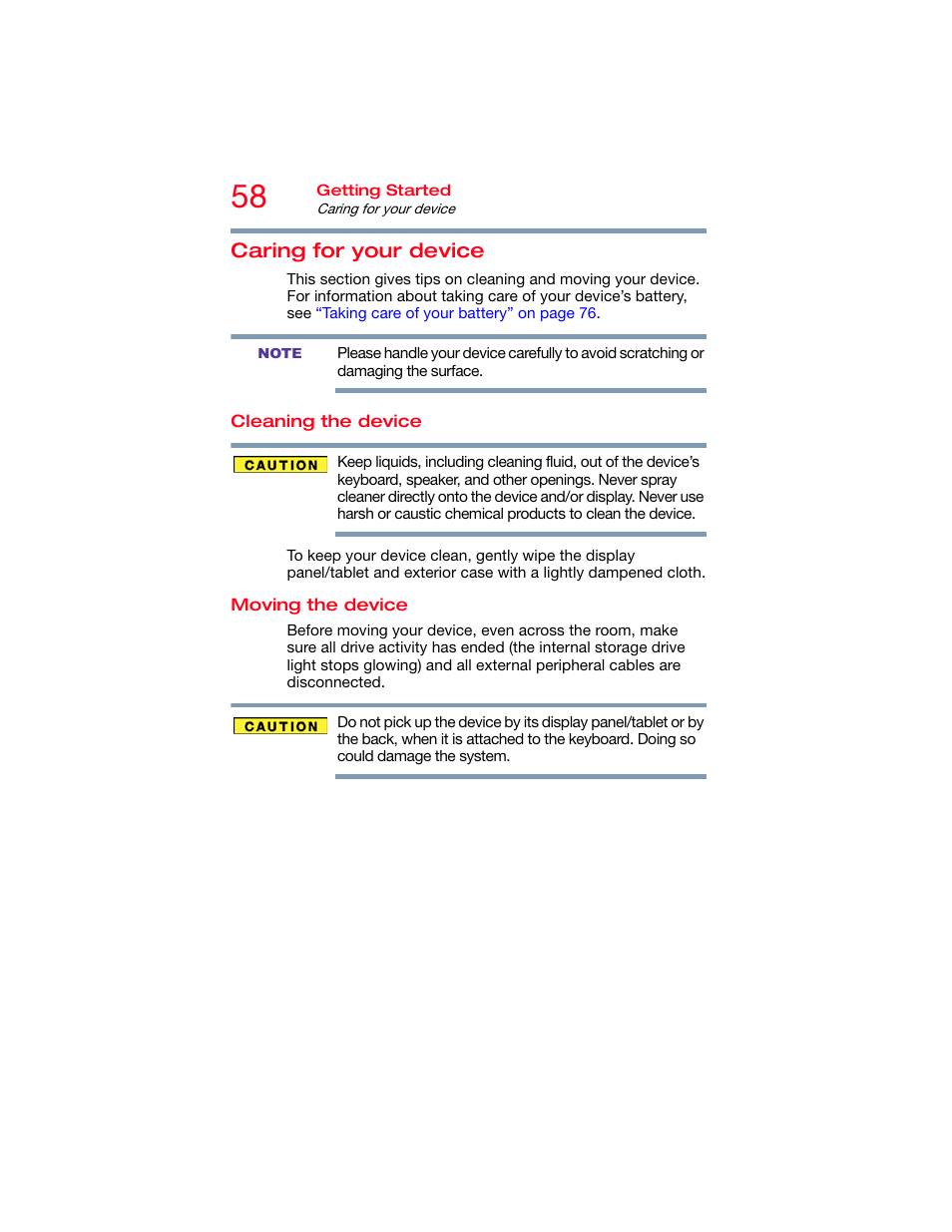 Caring for your device, Cleaning the device, Moving the device | Cleaning the device moving the device | Toshiba DynaPad WT12PE-A64 User Manual | Page 58 / 177