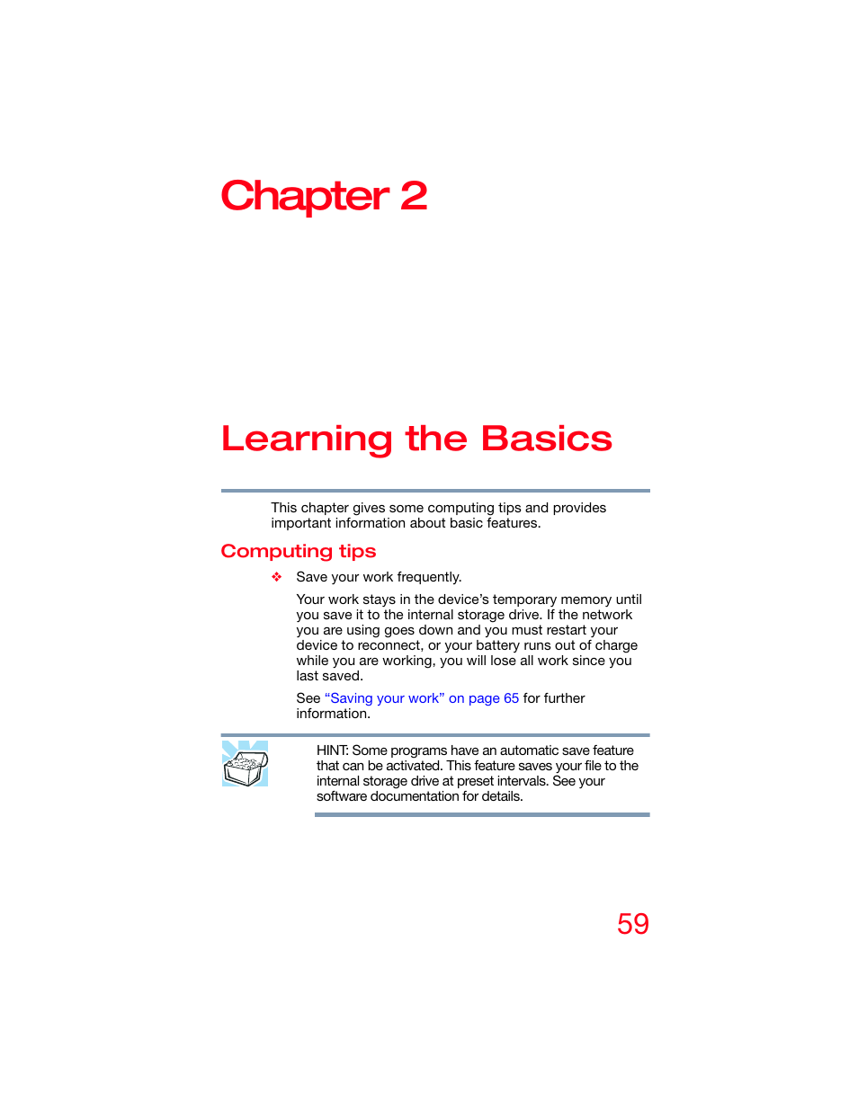 Chapter 2: learning the basics, Computing tips, Chapter 2 | Learning the basics | Toshiba DynaPad WT12PE-A64 User Manual | Page 59 / 177