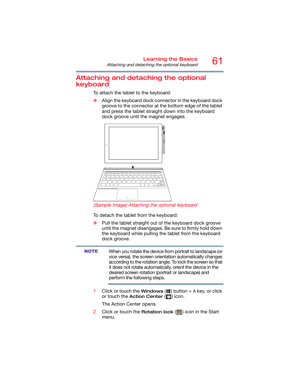 Attaching and detaching the optional keyboard, Attaching and detaching the optional, Keyboard | Attaching and detaching the optional keyboard” on | Toshiba DynaPad WT12PE-A64 User Manual | Page 61 / 177