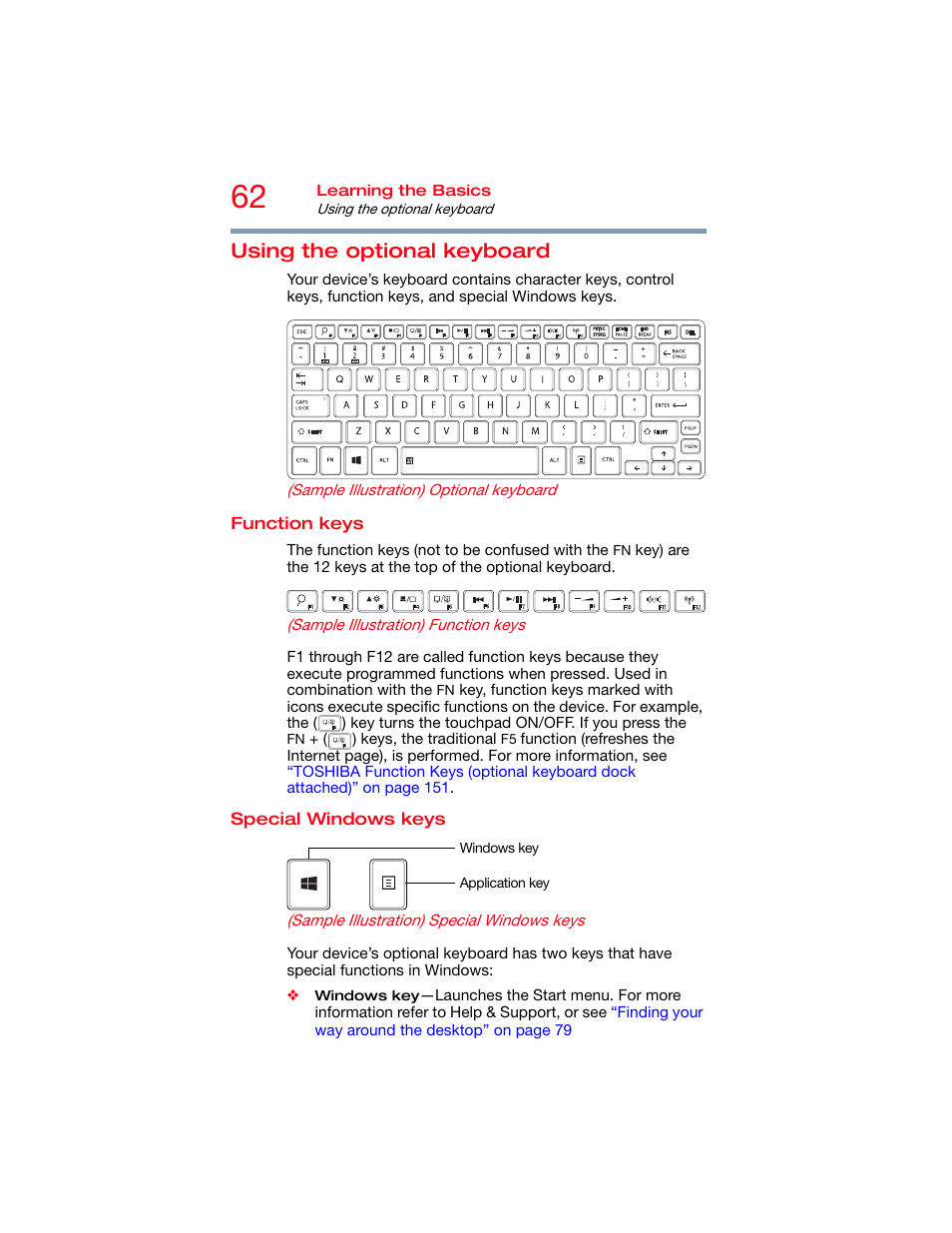 Using the optional keyboard, Function keys, Special windows keys | Function keys special windows keys | Toshiba DynaPad WT12PE-A64 User Manual | Page 62 / 177