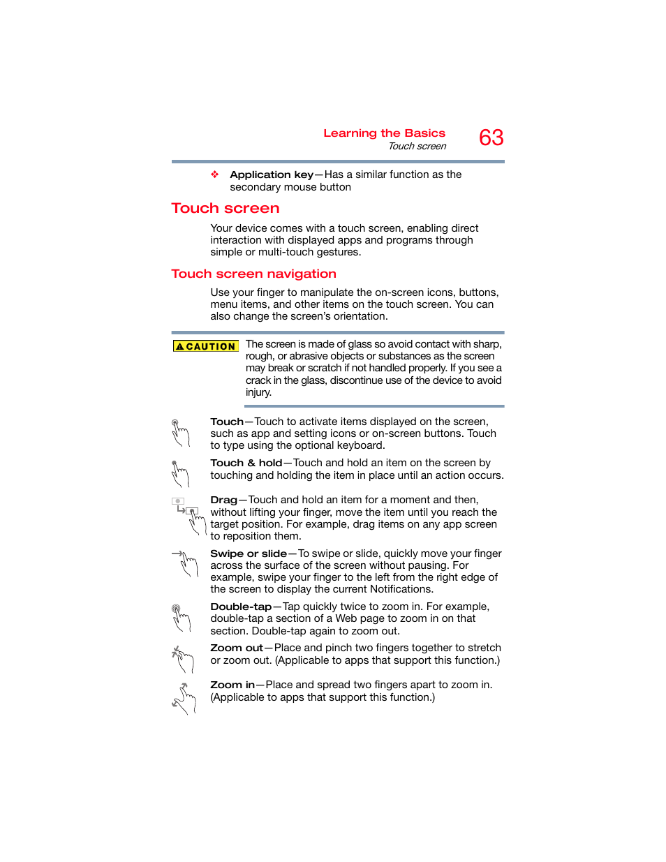 Touch screen, Touch screen navigation, Touch | Toshiba DynaPad WT12PE-A64 User Manual | Page 63 / 177