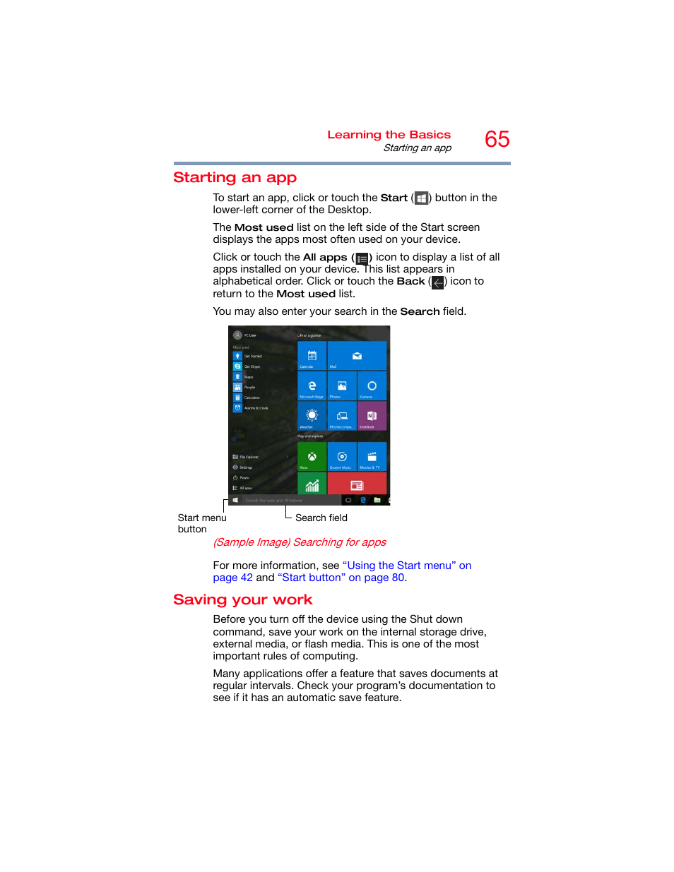 Starting an app, Saving your work, Starting an app saving your work | Toshiba DynaPad WT12PE-A64 User Manual | Page 65 / 177