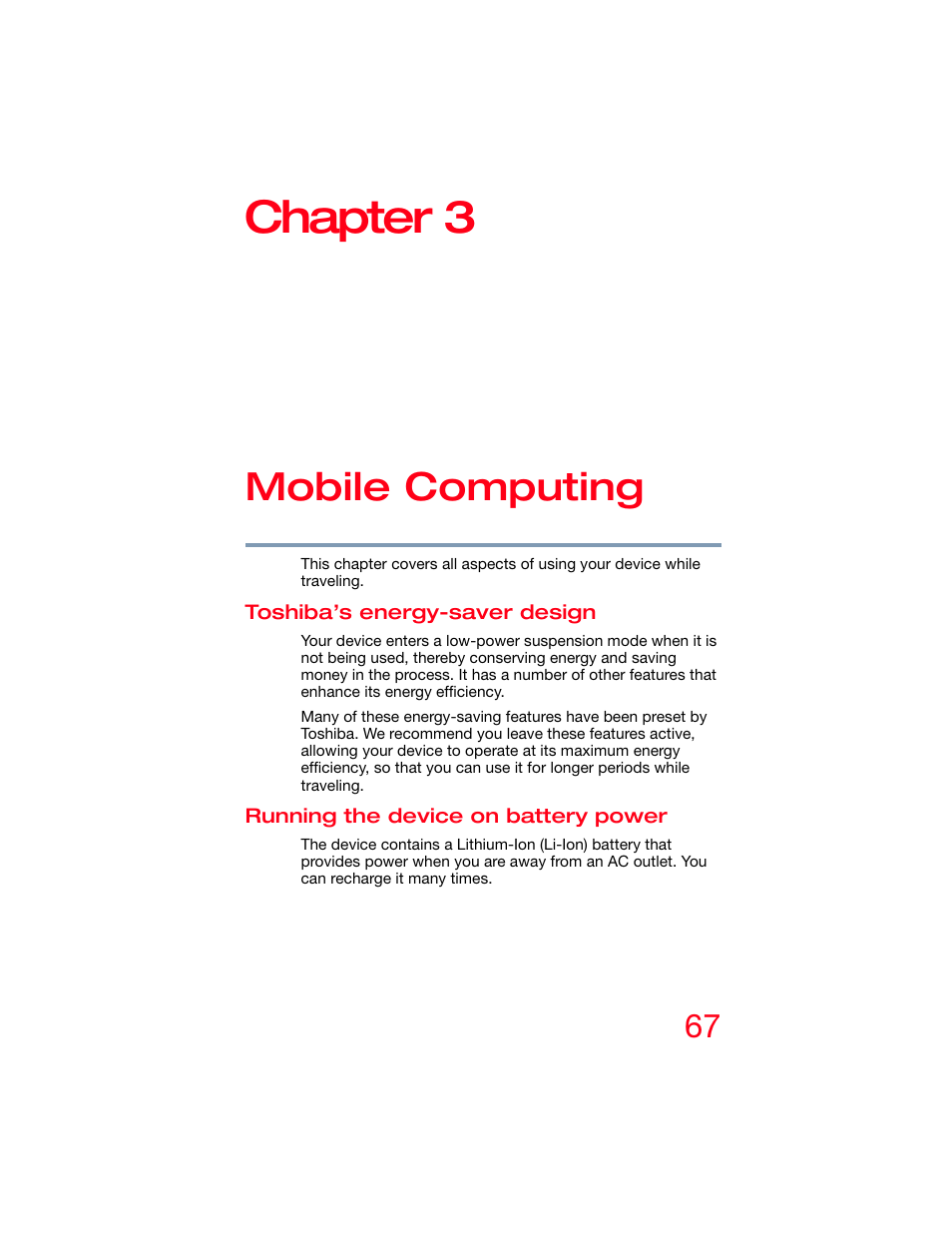 Chapter 3: mobile computing, Toshiba’s energy-saver design, Running the device on battery power | Chapter 3, Mobile computing | Toshiba DynaPad WT12PE-A64 User Manual | Page 67 / 177