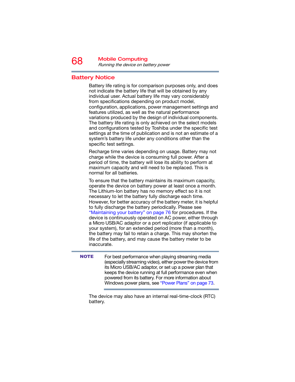 Battery notice | Toshiba DynaPad WT12PE-A64 User Manual | Page 68 / 177