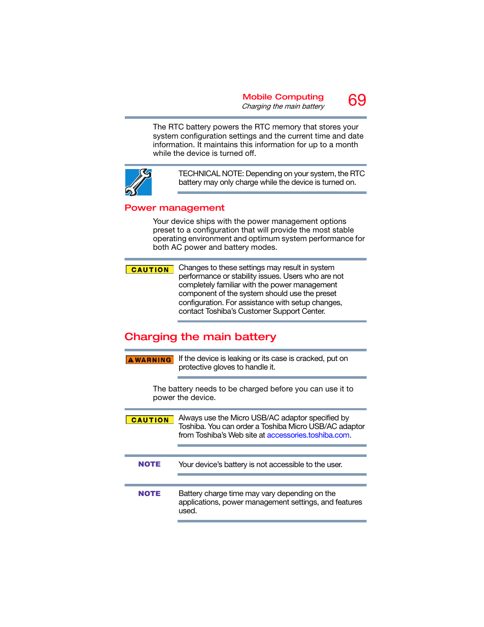 Power management, Charging the main battery | Toshiba DynaPad WT12PE-A64 User Manual | Page 69 / 177