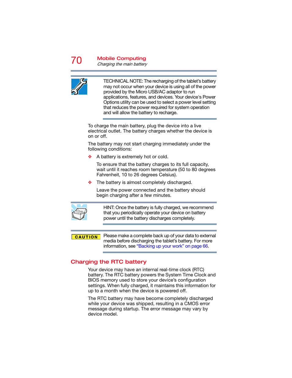 Charging the rtc battery | Toshiba DynaPad WT12PE-A64 User Manual | Page 70 / 177