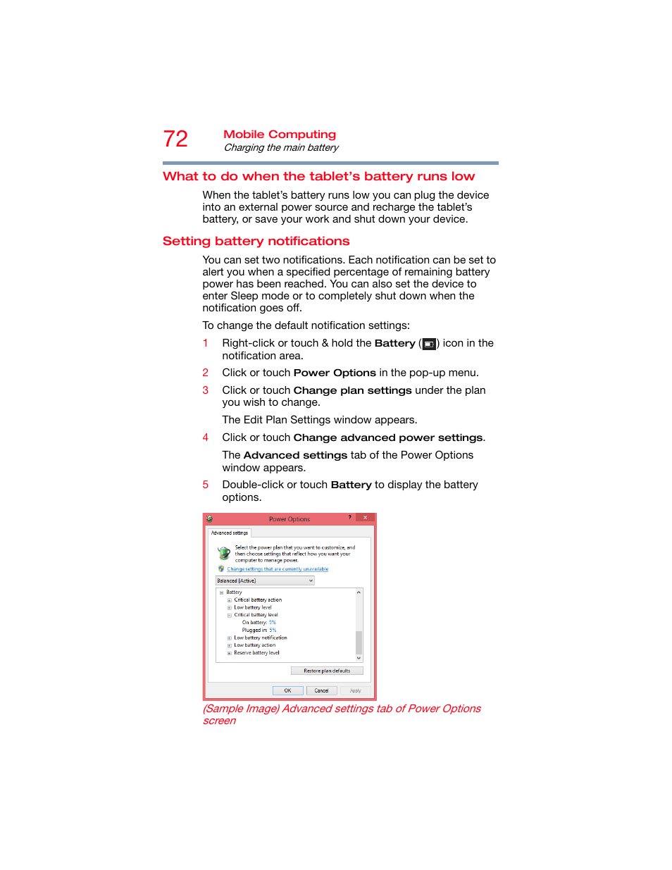 What to do when the tablet’s battery runs low, Setting battery notifications, What to do when the tablet’s battery | Runs low | Toshiba DynaPad WT12PE-A64 User Manual | Page 72 / 177