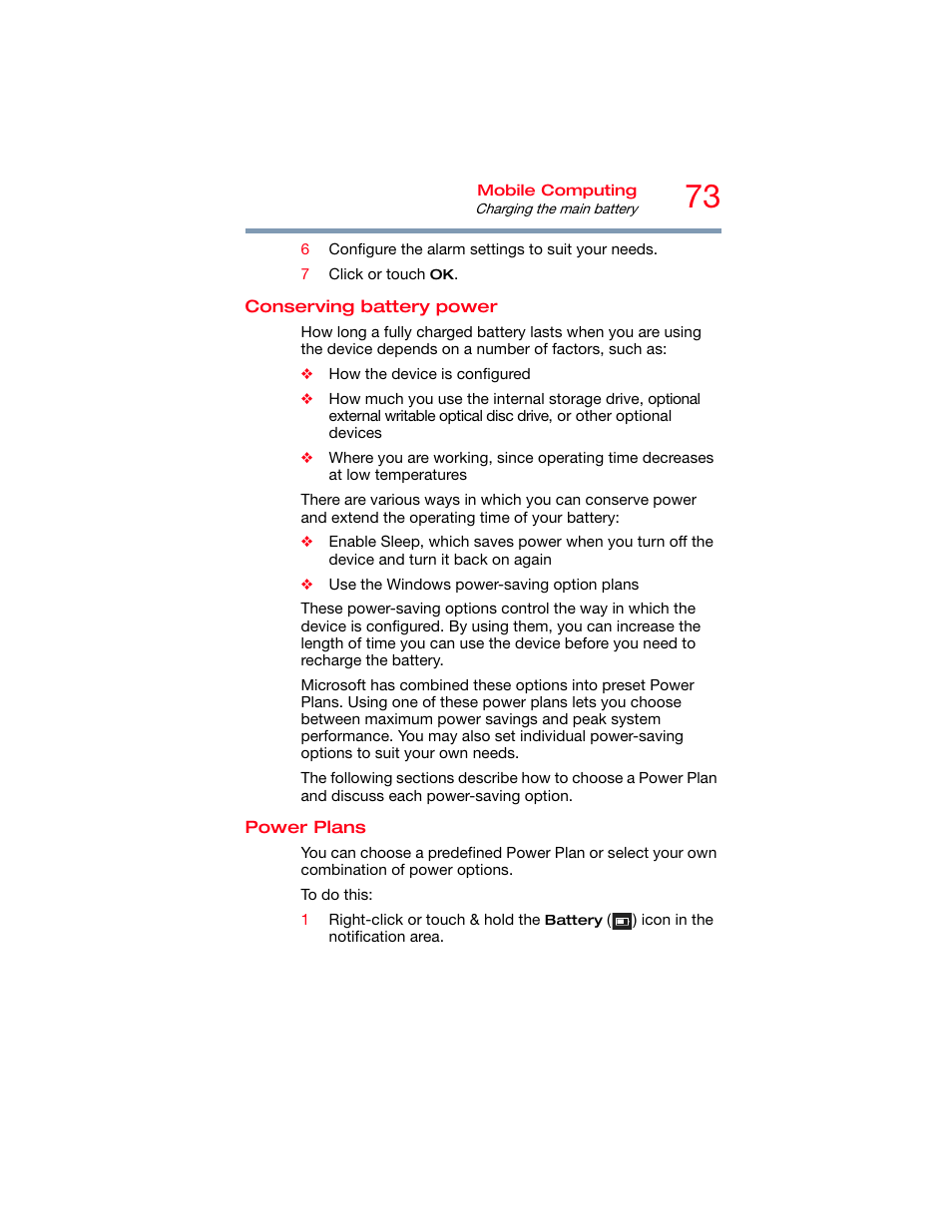 Conserving battery power, Power plans, Conserving battery power power plans | Toshiba DynaPad WT12PE-A64 User Manual | Page 73 / 177