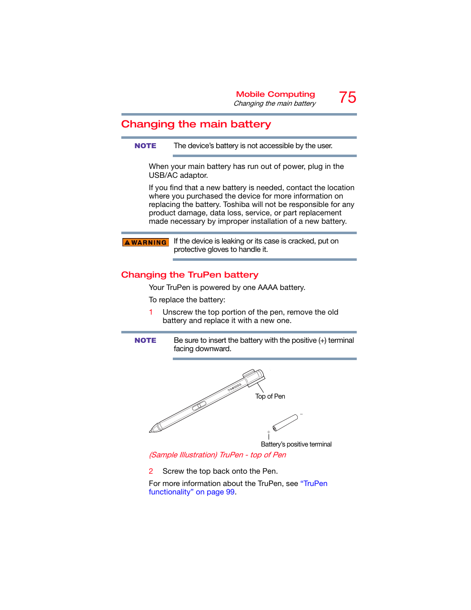 Changing the main battery, Changing the trupen battery, Changing the | Toshiba DynaPad WT12PE-A64 User Manual | Page 75 / 177