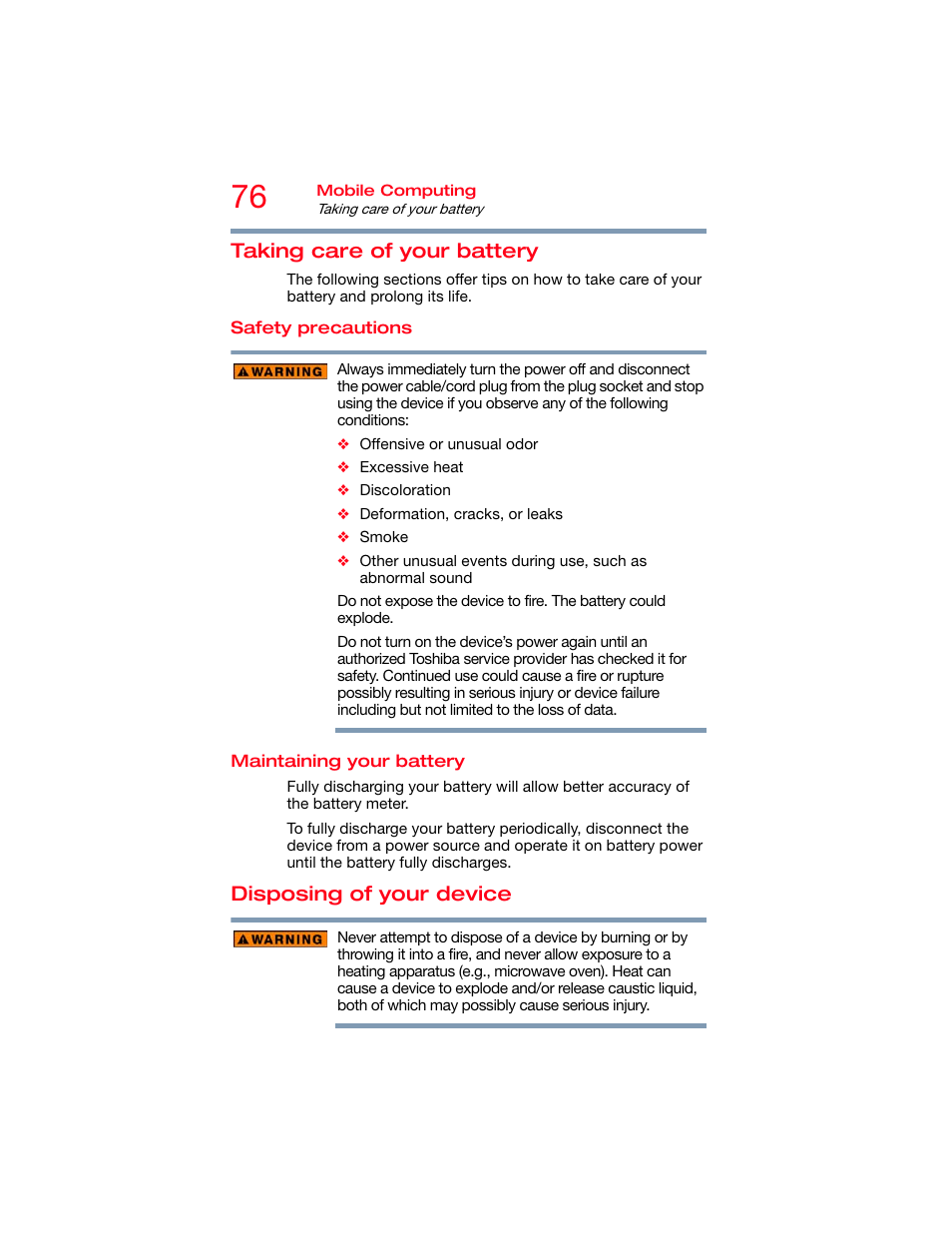 Taking care of your battery, Safety precautions, Maintaining your battery | Disposing of your device, Safety precautions maintaining your battery | Toshiba DynaPad WT12PE-A64 User Manual | Page 76 / 177