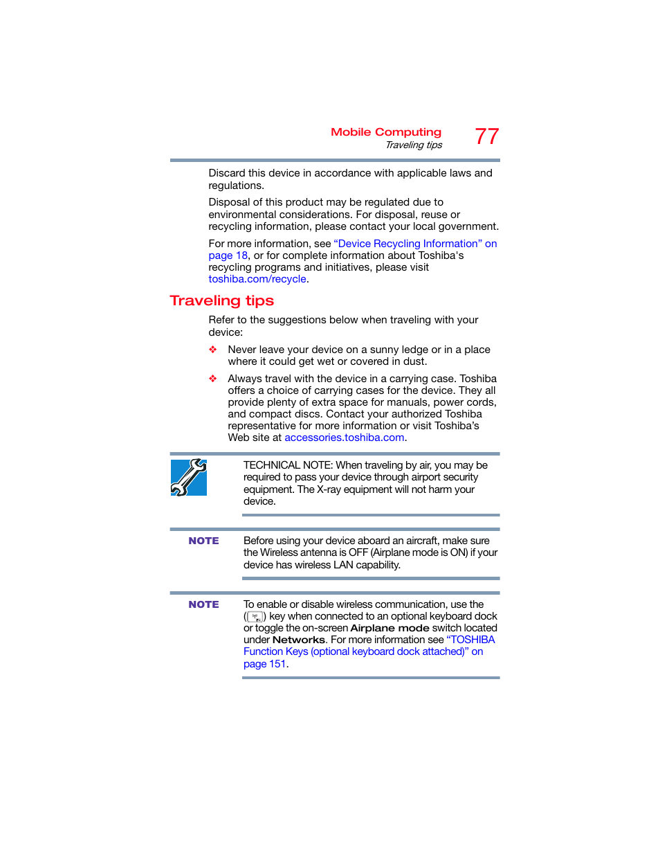 Traveling tips | Toshiba DynaPad WT12PE-A64 User Manual | Page 77 / 177