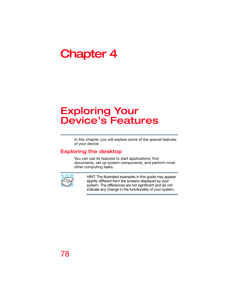 Chapter 4: exploring your device’s features, Exploring the desktop, Chapter 4 | Exploring your device’s features | Toshiba DynaPad WT12PE-A64 User Manual | Page 78 / 177