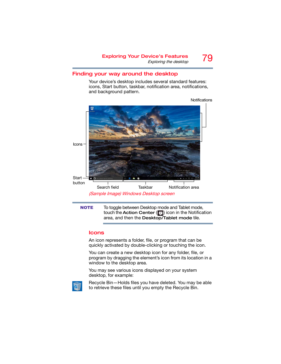 Finding your way around the desktop, Finding your | Toshiba DynaPad WT12PE-A64 User Manual | Page 79 / 177