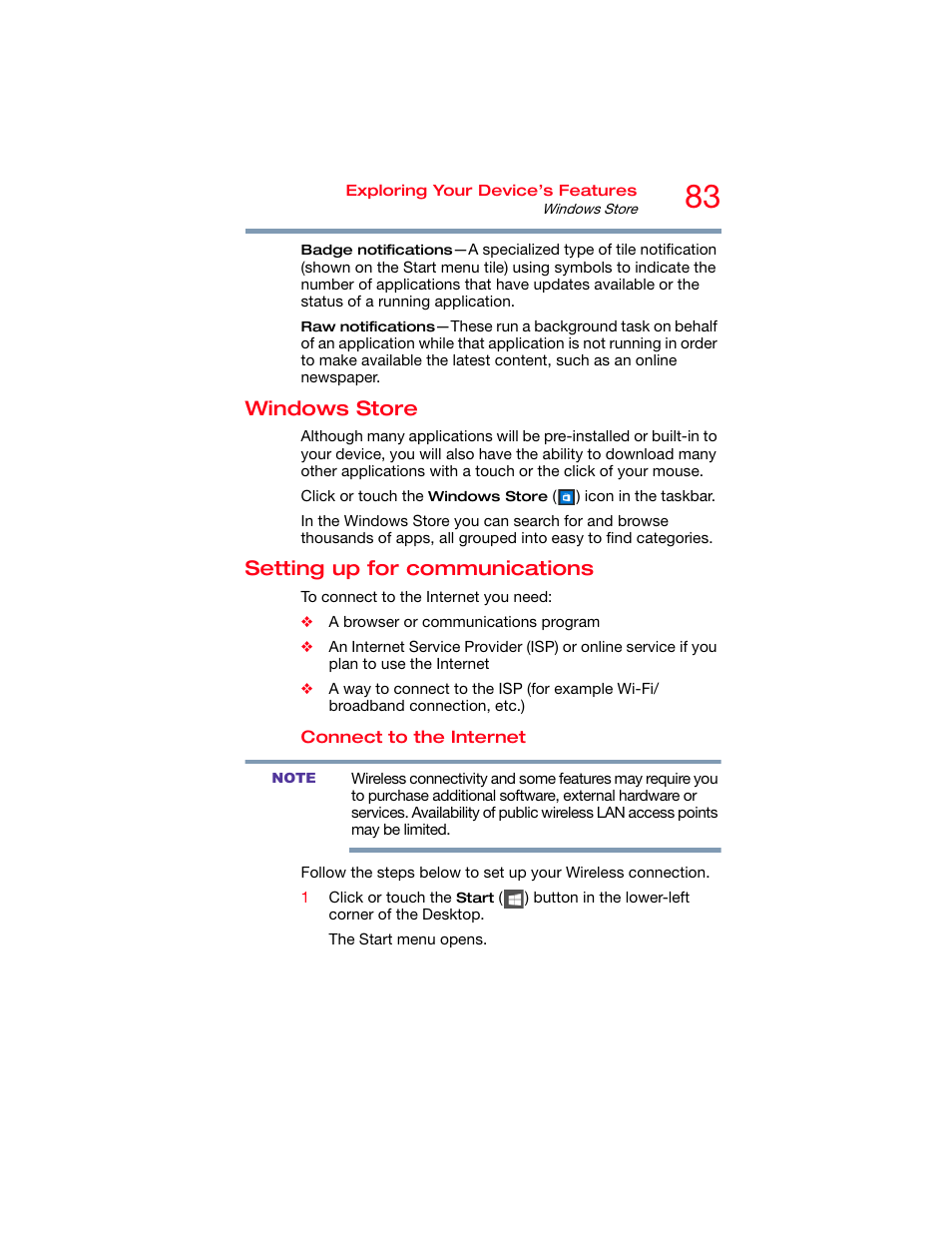 Windows store, Setting up for communications, Windows store setting up for communications | Toshiba DynaPad WT12PE-A64 User Manual | Page 83 / 177