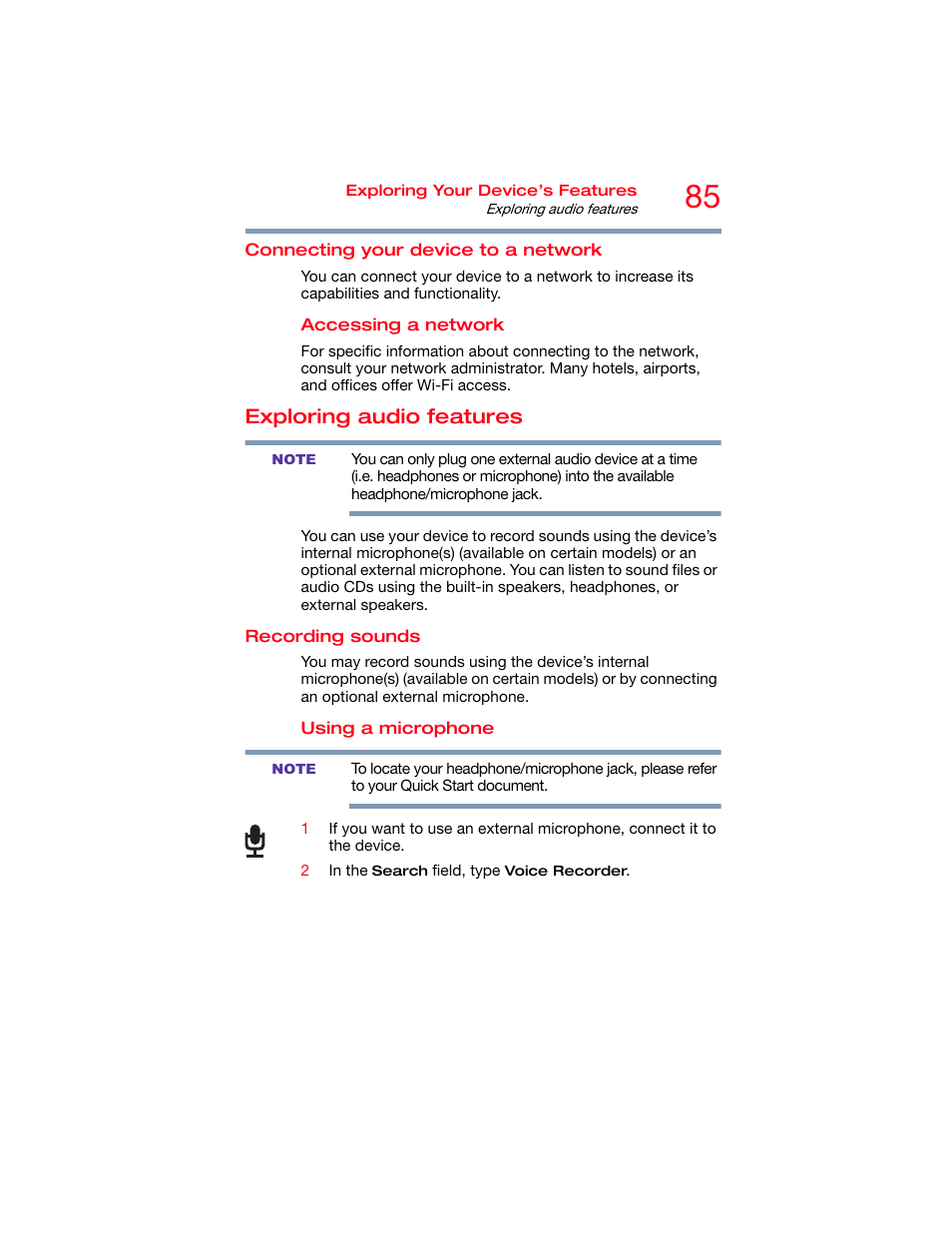 Connecting your device to a network, Exploring audio features, Recording sounds | Exploring audio | Toshiba DynaPad WT12PE-A64 User Manual | Page 85 / 177