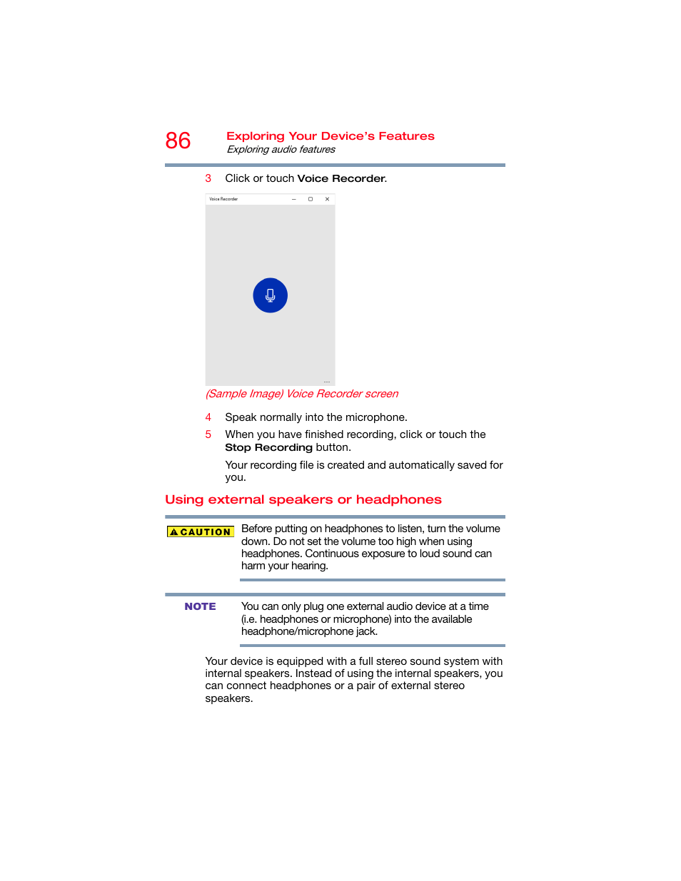 Using external speakers or headphones, Using external speakers or | Toshiba DynaPad WT12PE-A64 User Manual | Page 86 / 177