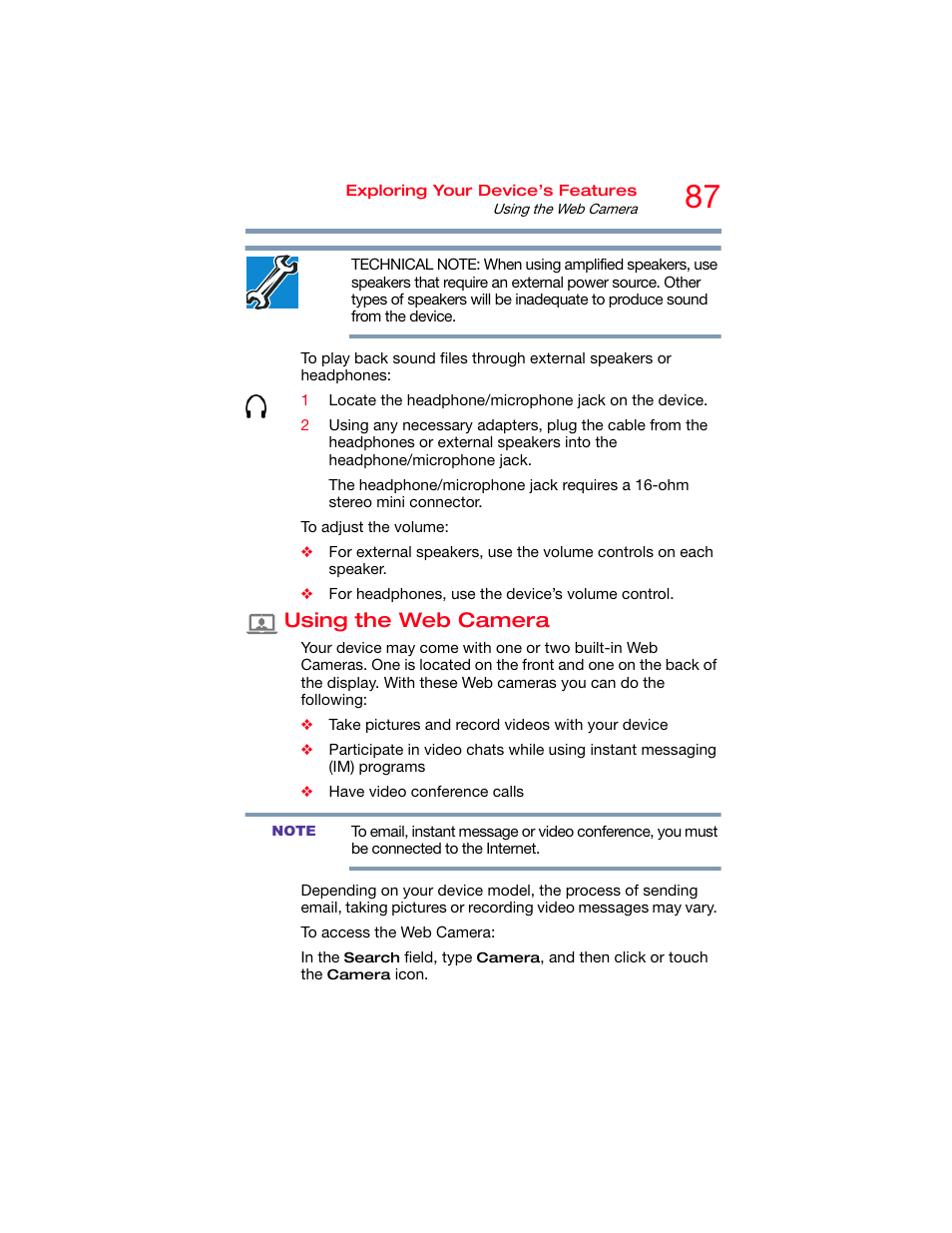 Using the web camera, Using the web | Toshiba DynaPad WT12PE-A64 User Manual | Page 87 / 177