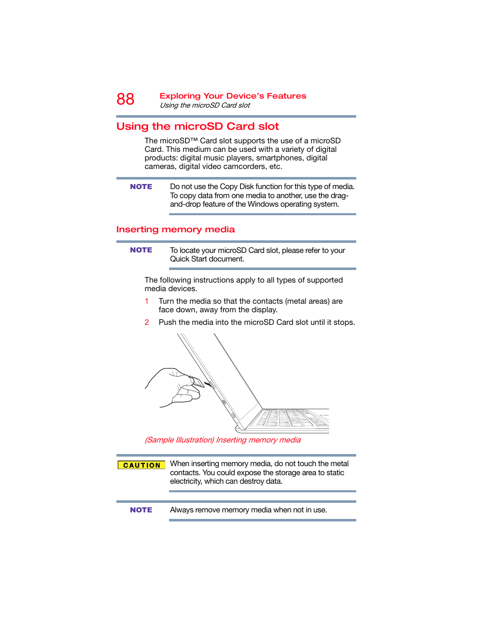 Using the microsd card slot, Inserting memory media, Using the | Toshiba DynaPad WT12PE-A64 User Manual | Page 88 / 177