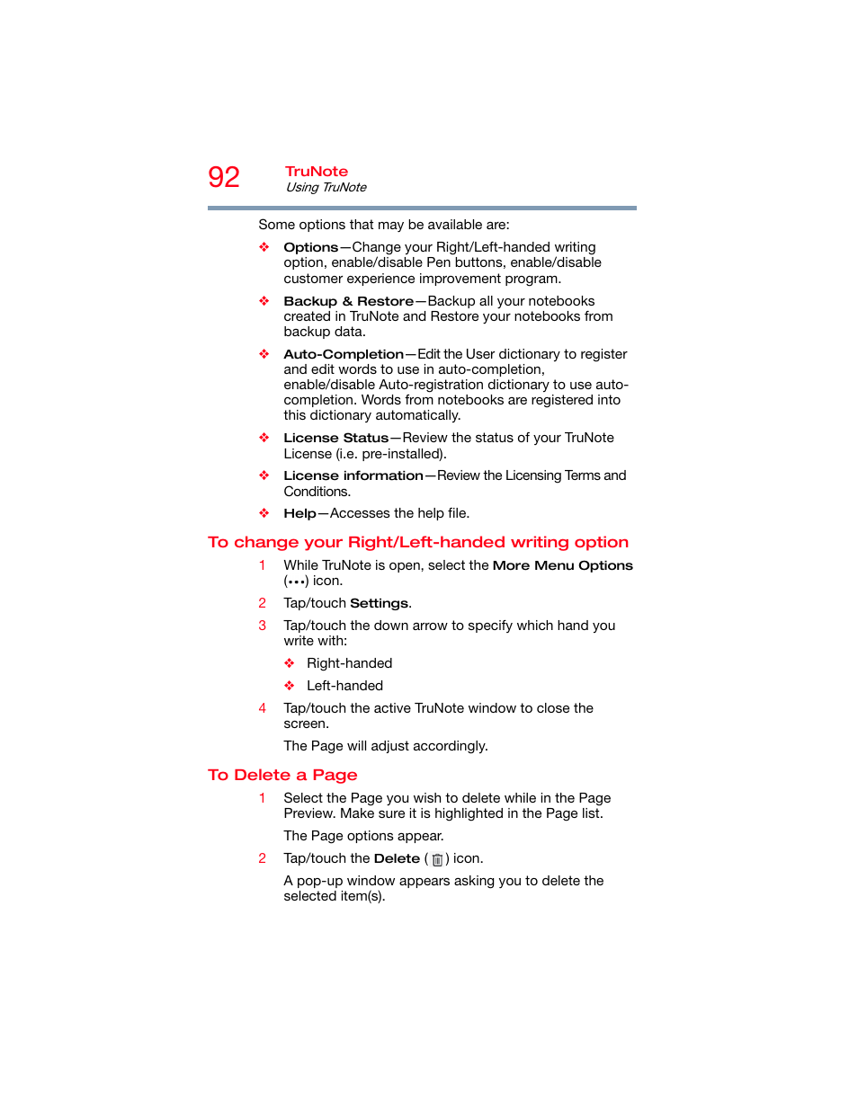 To change your right/left-handed writing option, To change your right/left-handed, Writing option | Toshiba DynaPad WT12PE-A64 User Manual | Page 92 / 177