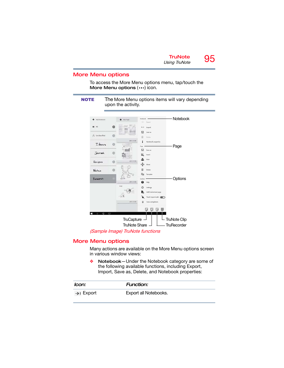 More menu options, More menu options more menu options | Toshiba DynaPad WT12PE-A64 User Manual | Page 95 / 177