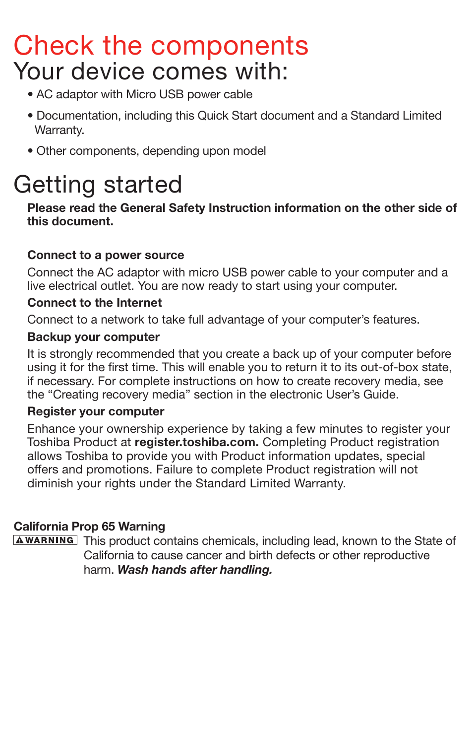 Check the components, Getting started, Your device comes with | Toshiba DynaPad WT12PE-A64 User Manual | Page 2 / 8