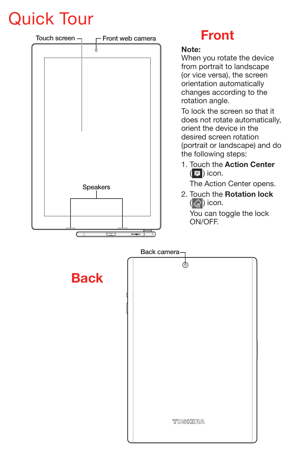 Quick tour, Back, Front | Toshiba DynaPad WT12PE-A64 User Manual | Page 3 / 8