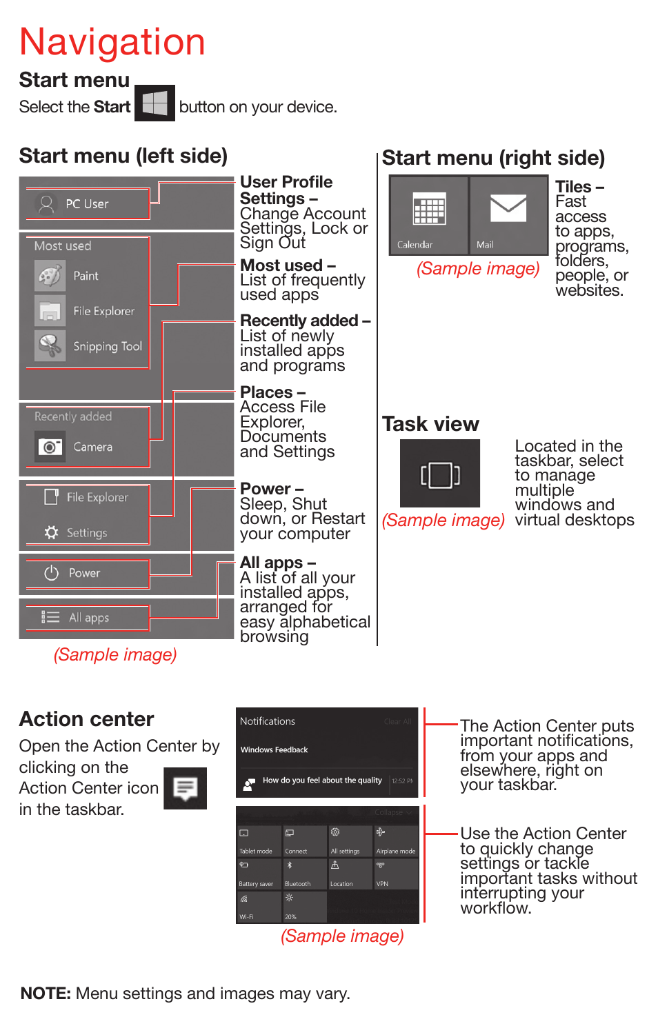 Navigation, Start menu, Start menu (left side) | Start menu (right side), Task view, Action center | Toshiba DynaPad WT12PE-A64 User Manual | Page 5 / 8