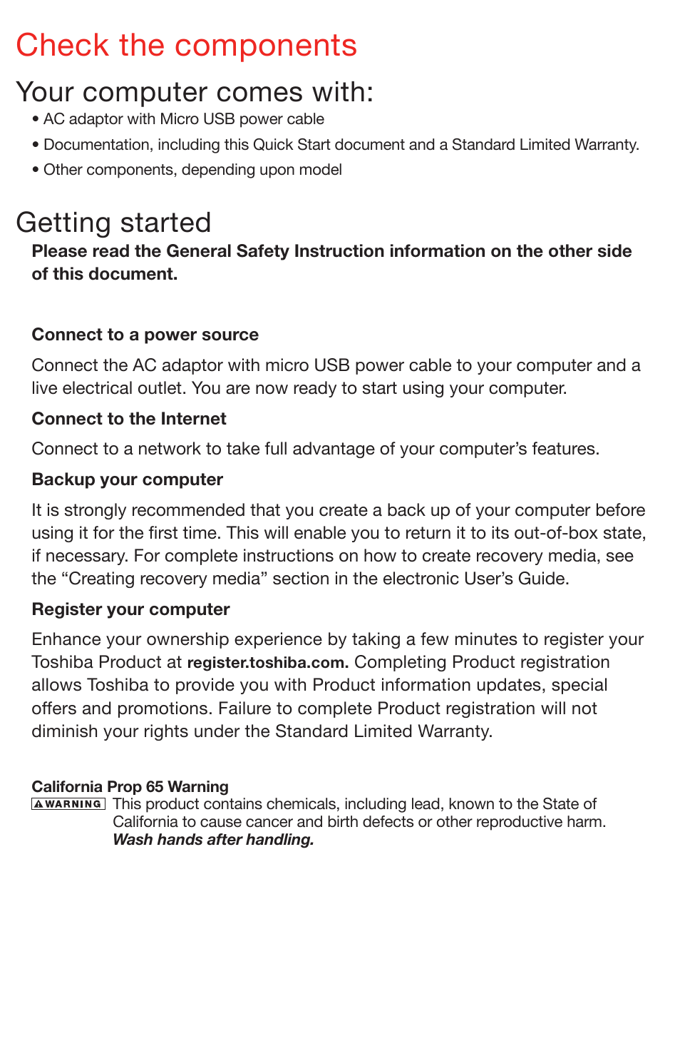 Check the components, Getting started, Your computer comes with | Toshiba DynaPad WT12PE-A64 User Manual | Page 2 / 8