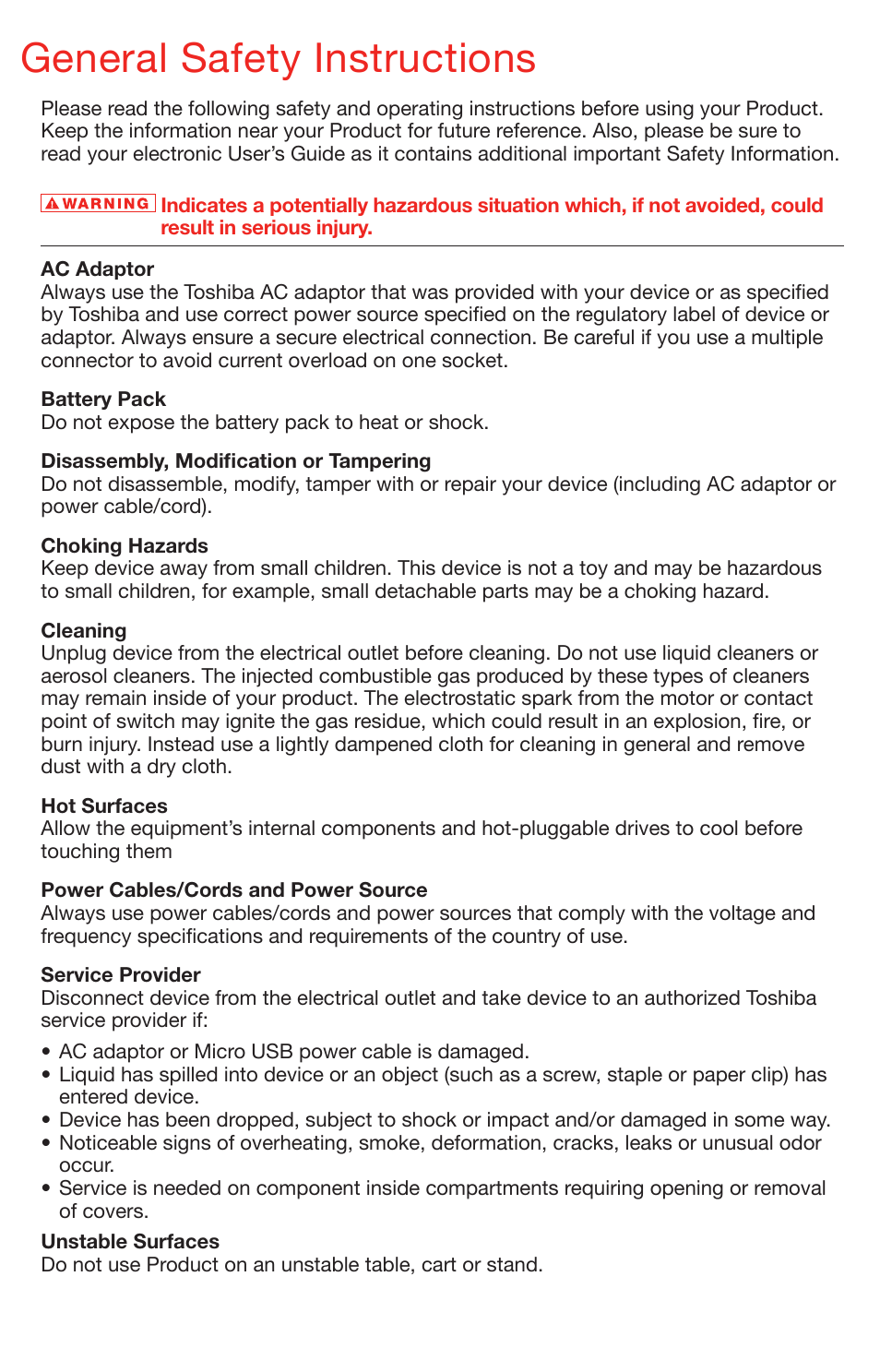 General safety instructions | Toshiba DynaPad WT12PE-A64 User Manual | Page 6 / 8