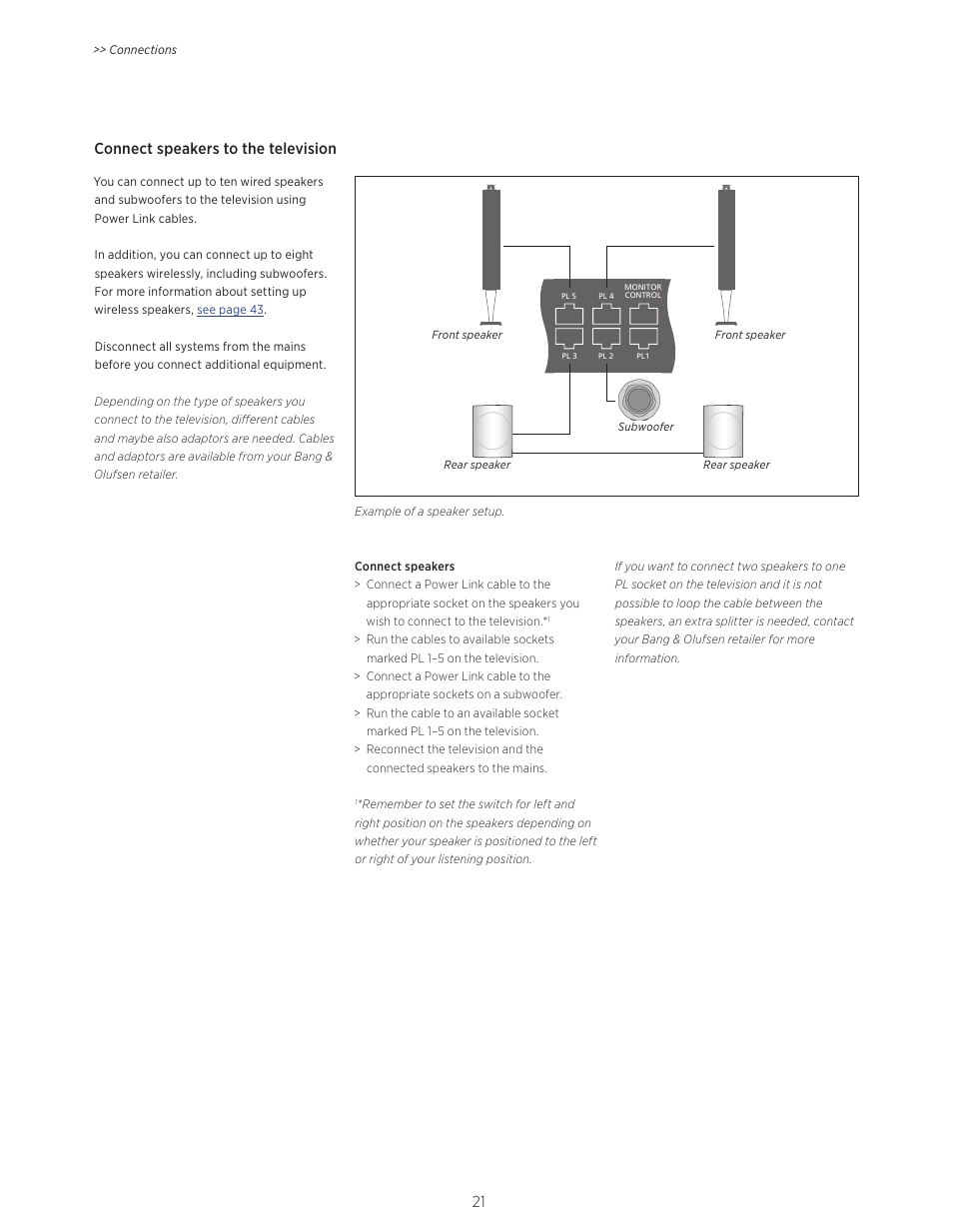 Information, Connect speakers to the television | Bang & Olufsen BeoVision Avant - User Guide User Manual | Page 21 / 83