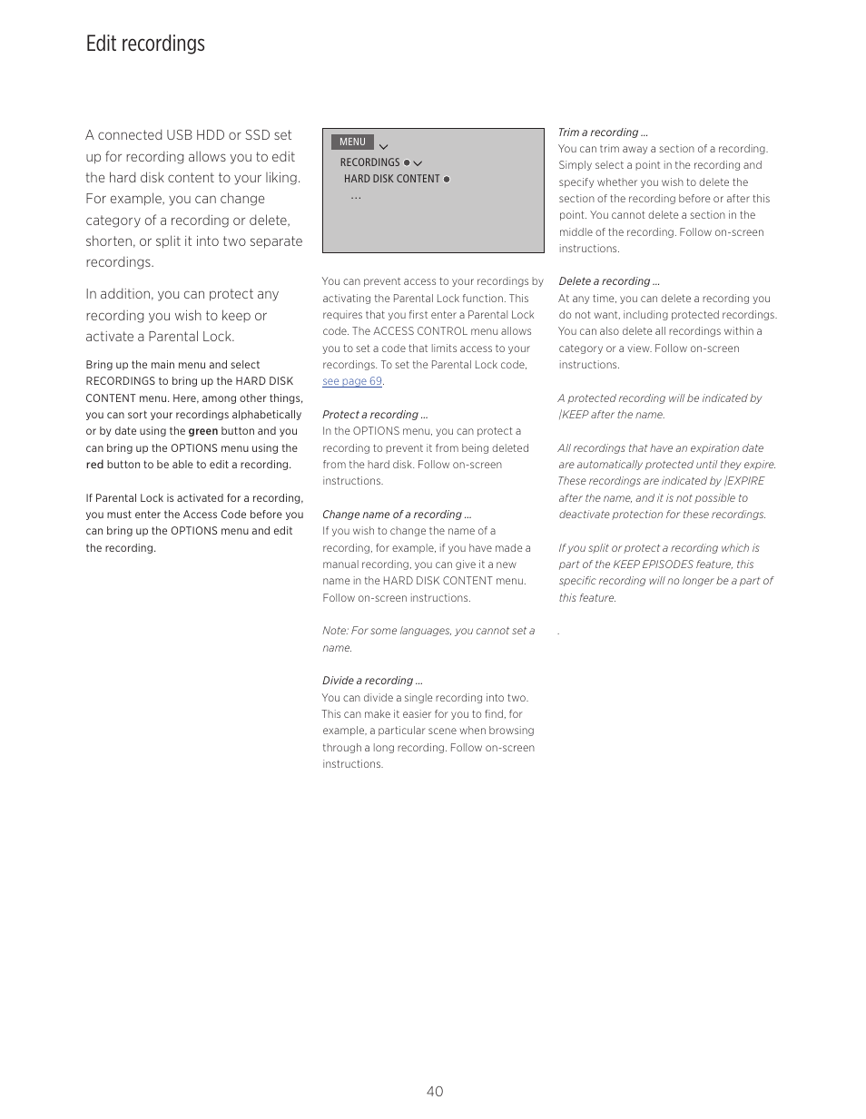 Edit recordings, You to modify and customise your | Bang & Olufsen BeoVision Avant - User Guide User Manual | Page 40 / 83