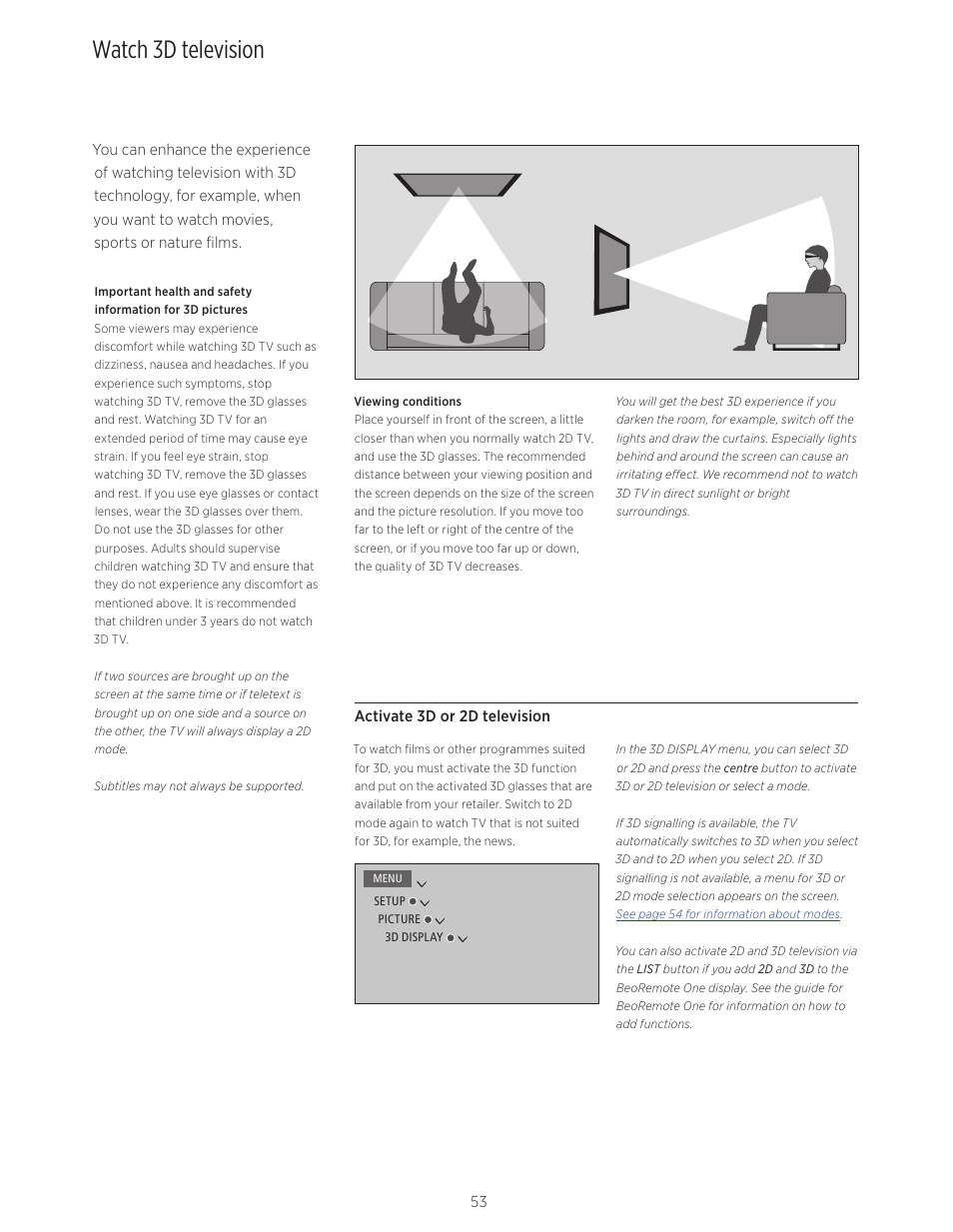 Watch 3d television, Watch 3d television, 53, Activate 3d television to obtain an | Bang & Olufsen BeoVision Avant - User Guide User Manual | Page 53 / 83