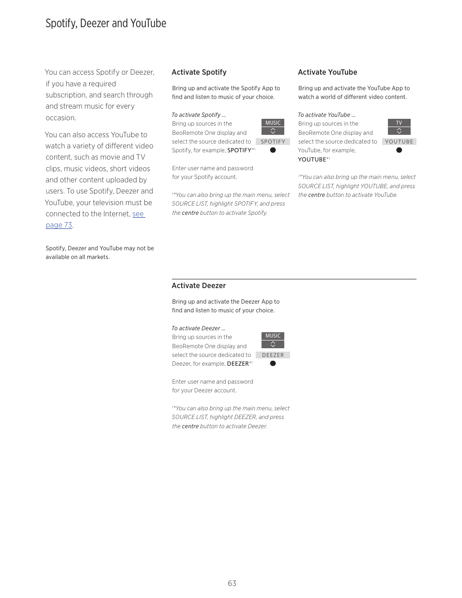 Spotify, deezer and youtube, Spotify, deezer and youtube, 63, Access spotify, deezer and youtube through | Bang & Olufsen BeoVision Avant - User Guide User Manual | Page 63 / 83