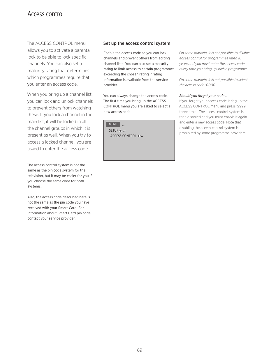 Access control, Access control, 69, 69 for information about setting a parental lock | Bang & Olufsen BeoVision Avant - User Guide User Manual | Page 69 / 83