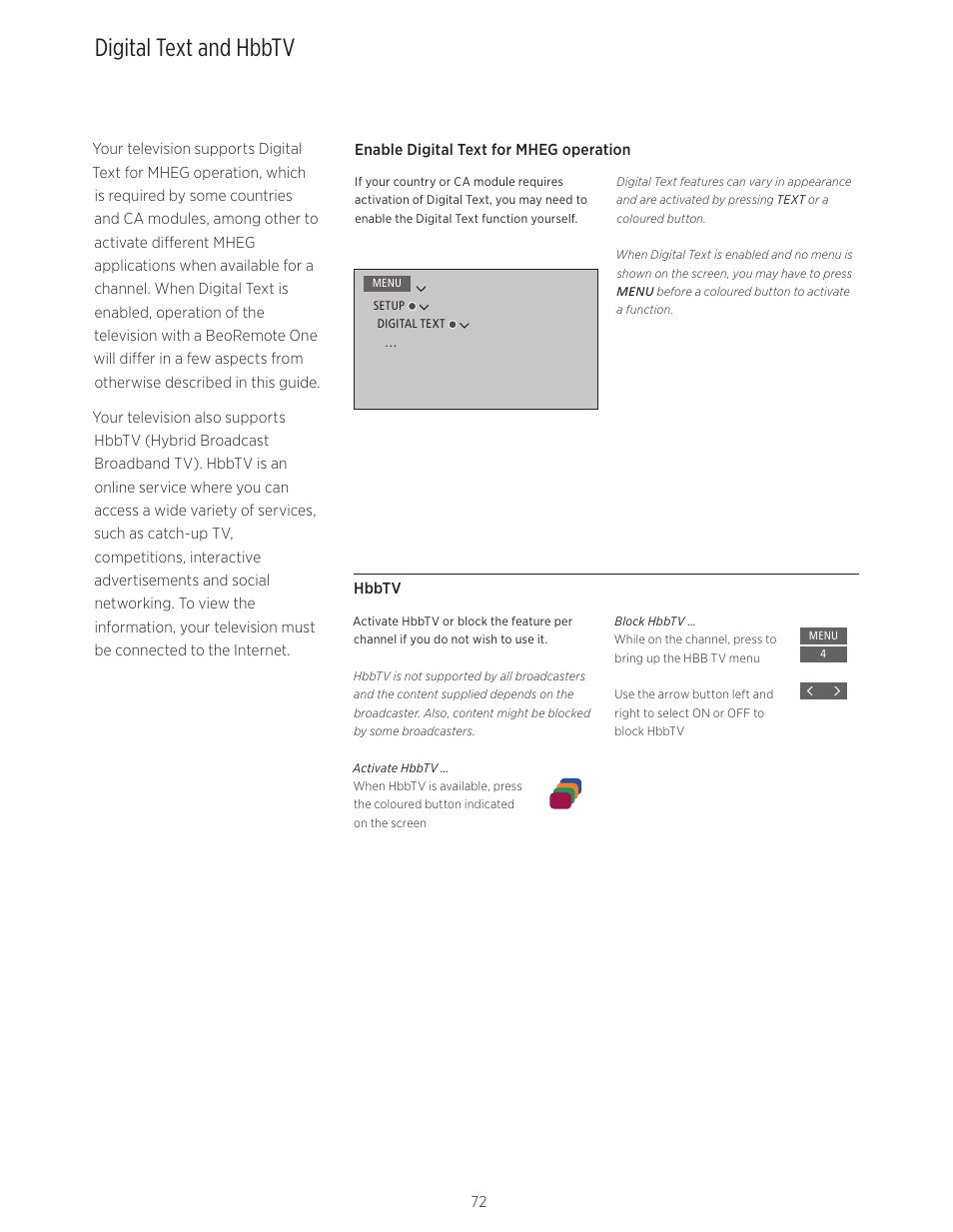 Digital text and hbbtv | Bang & Olufsen BeoVision Avant - User Guide User Manual | Page 72 / 83