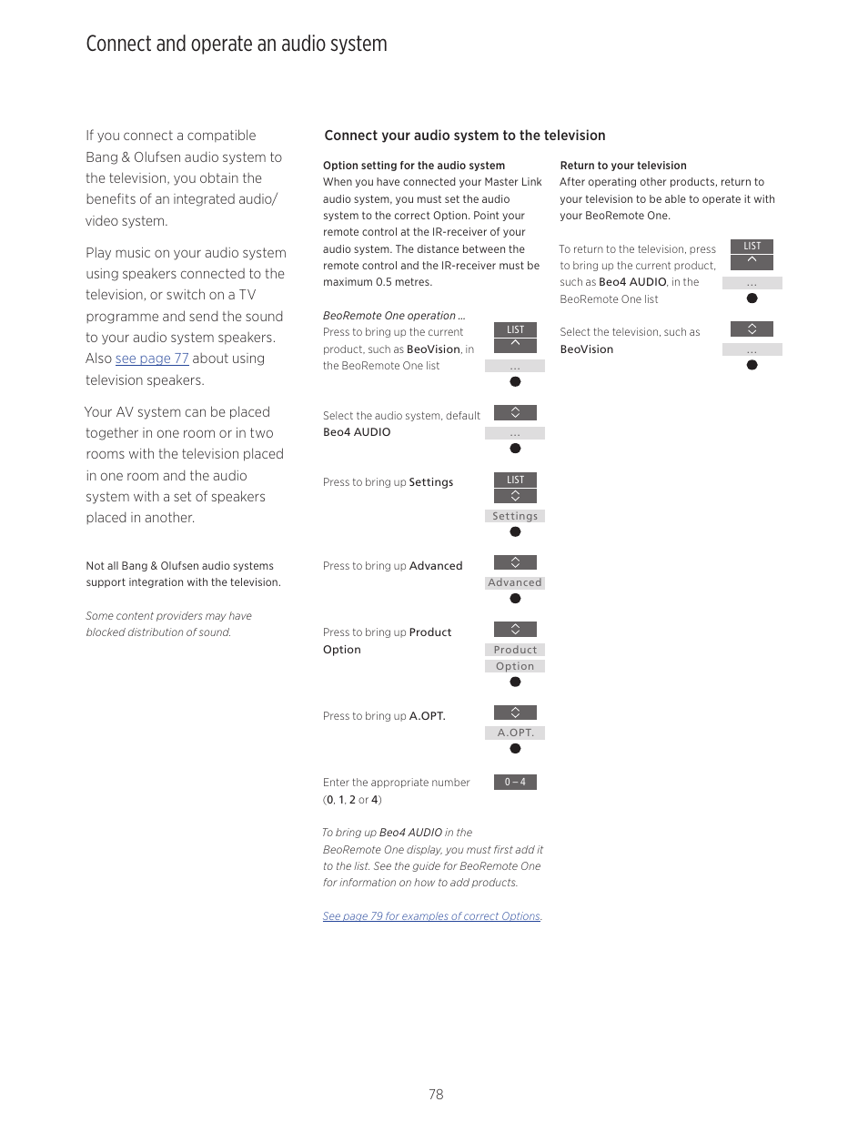 Connect and operate an audio system | Bang & Olufsen BeoVision Avant - User Guide User Manual | Page 78 / 83
