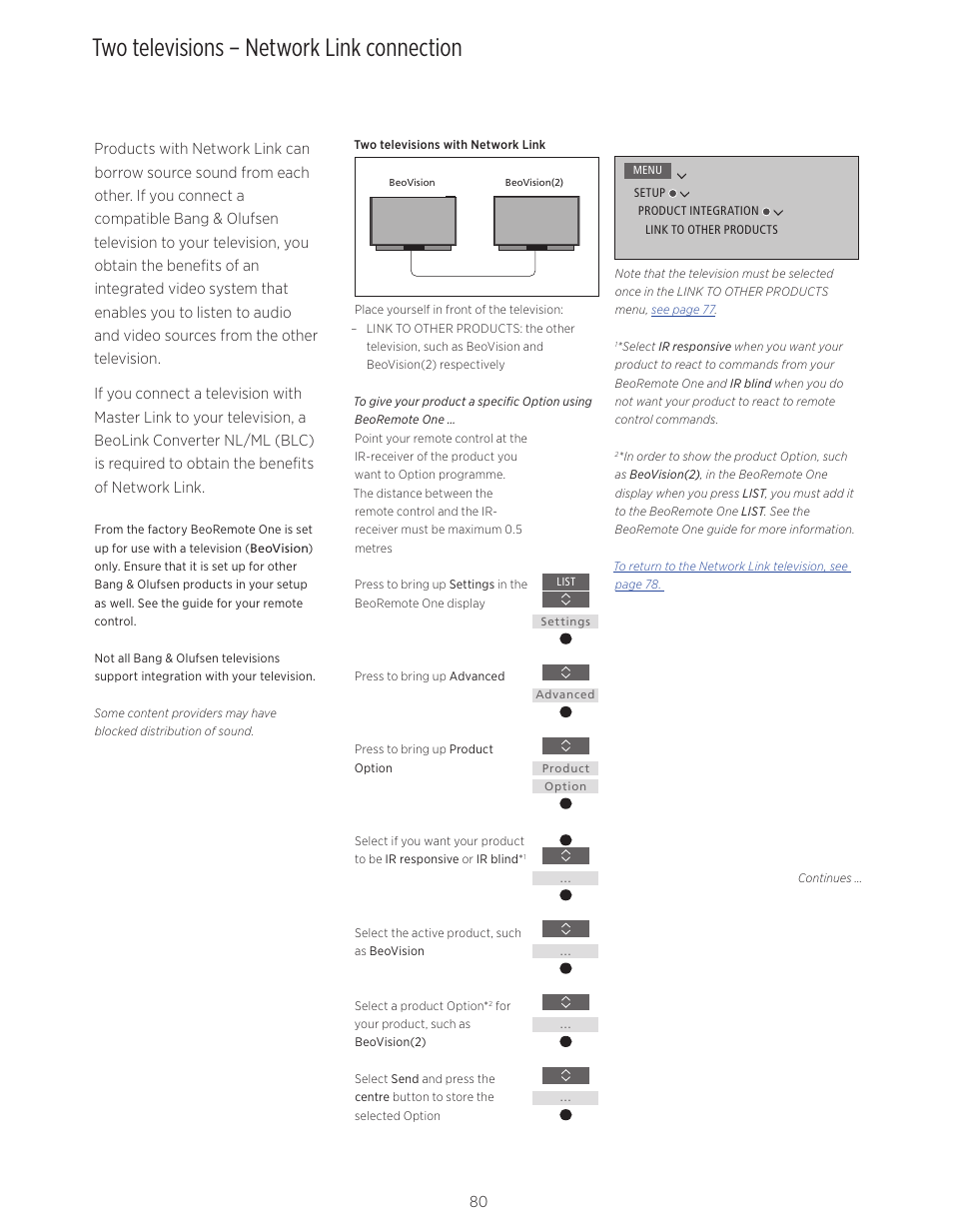 Two televisions – network link connection, And 80 | Bang & Olufsen BeoVision Avant - User Guide User Manual | Page 80 / 83